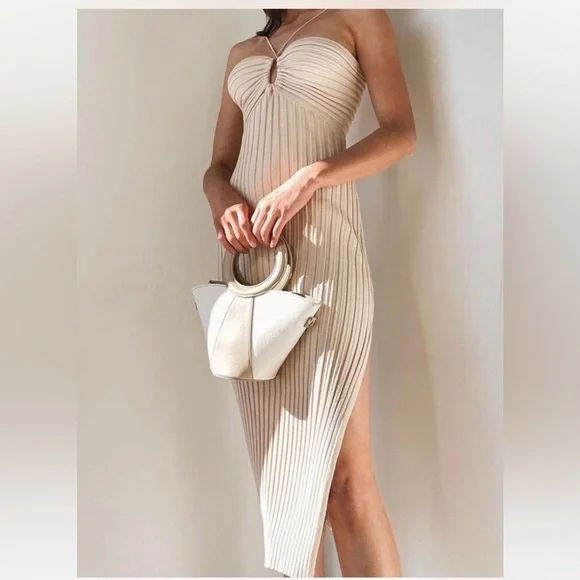 NWT Meshki Lori Halter Strap Ruched Front Ribbed Knit Midi Dress | S - Picture 1 of 6